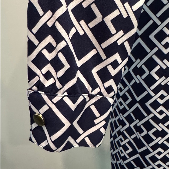 Jones New York Navy and White Patterned Long Sleeve Belted Dress Size 10 - Picture 6 of 10